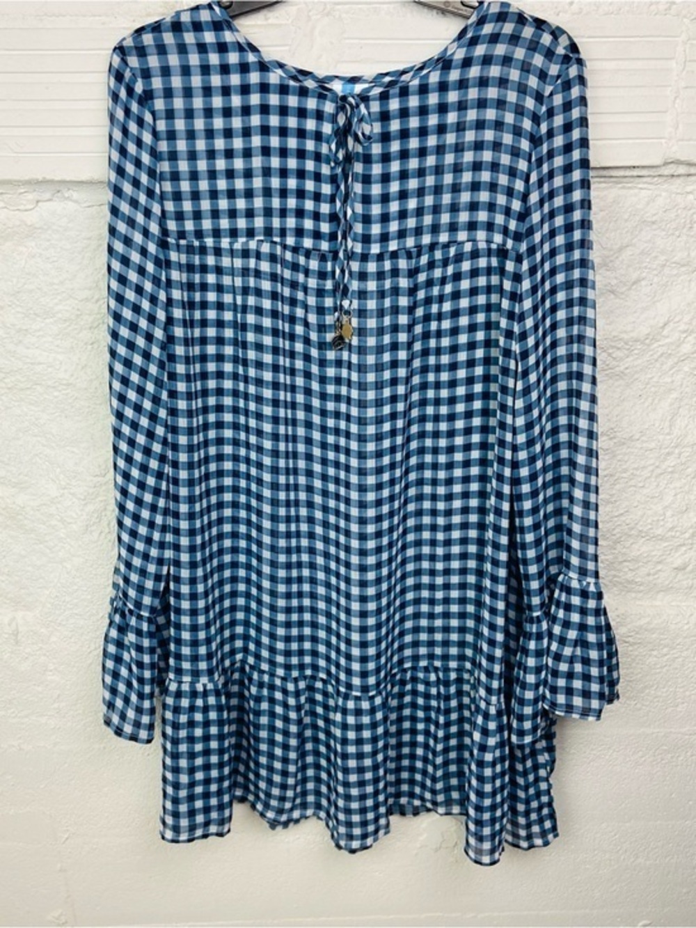 NWOT Draper James Blue and White sheer Gingham flare sleeve Swim Coverup SZ M L
